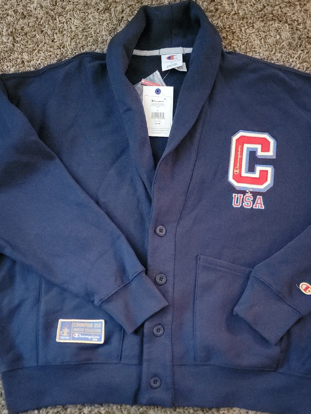 Champion Navy Shawl Collar USA Patch Cardigan
